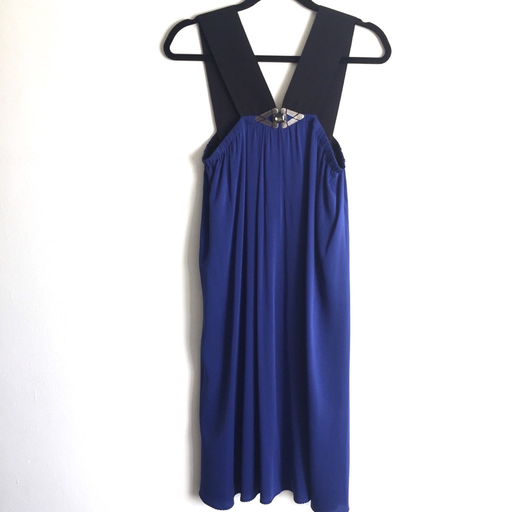 ELIE TAHARI SILK DRAPED RESORT DRESS GEM PLACARD COASTAL CHIC COCKTAIL Blue M